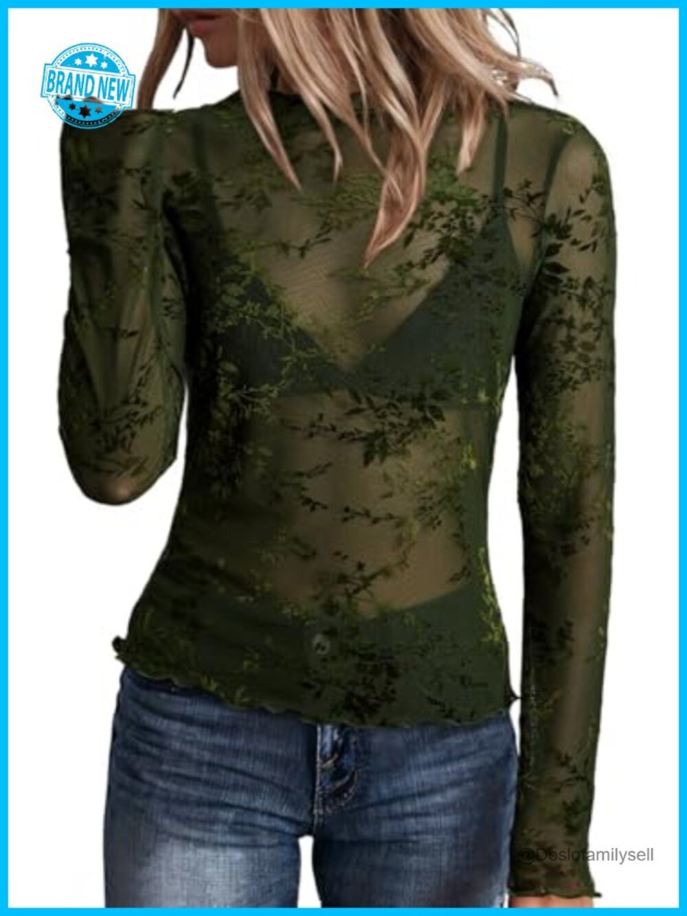 Women's Mesh Floral Embroidery Long Sleeve Lace Shirt Sheer Blouse